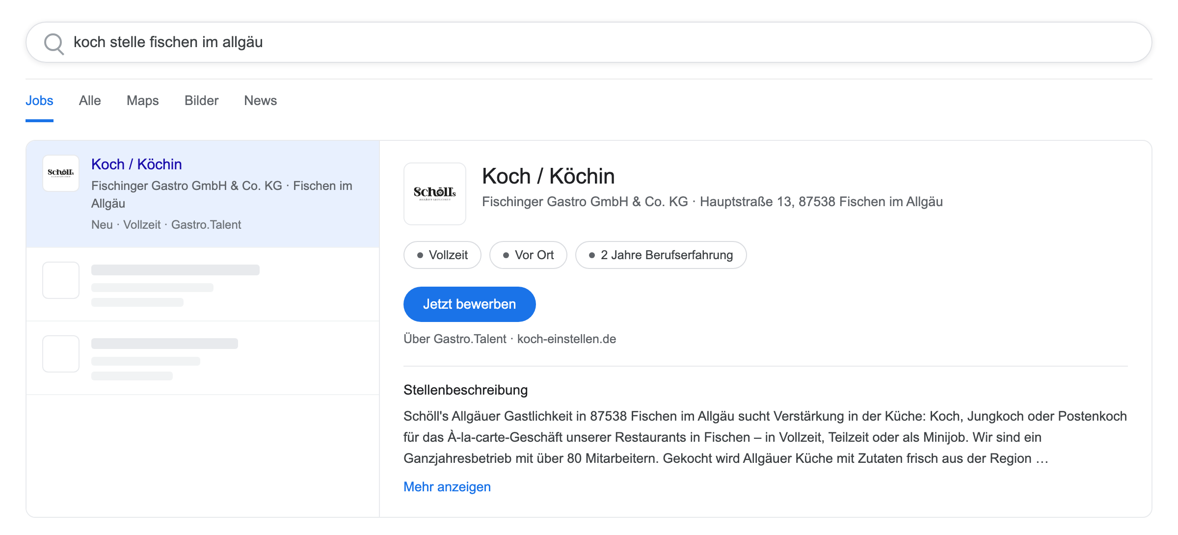 Die Stelle in der Google-Jobsuche